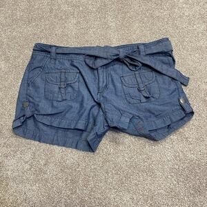 Y2K grunge streetwear Nautical Cargo utility shorts Sz 15 Tie-waist Chambray